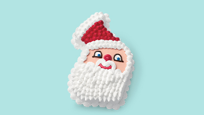 A cartoon santa claus with a red hat and white beard, surrounded by blue fabric background with an abstract design at bottom left corner.