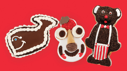 Three decorative items: a bear-shaped cookie, a dog-like cookie, and a gingerbread bear.