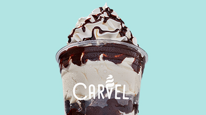 A frothy coffee drink from Carvel, complete with chocolate syrup and whipped cream.